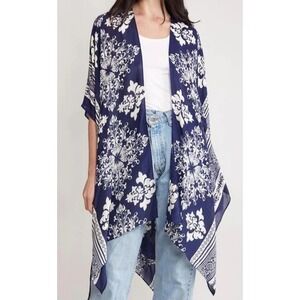 Janice Apparel Kimono Wrap Womens One Size Navy Blue White Damask Boho